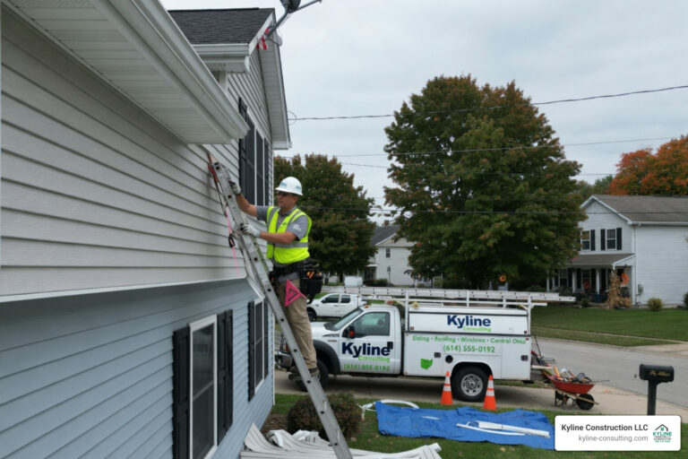 A professional contractor installing vinyl siding on a residential home in Central Ohio with a Kyline Consulting service